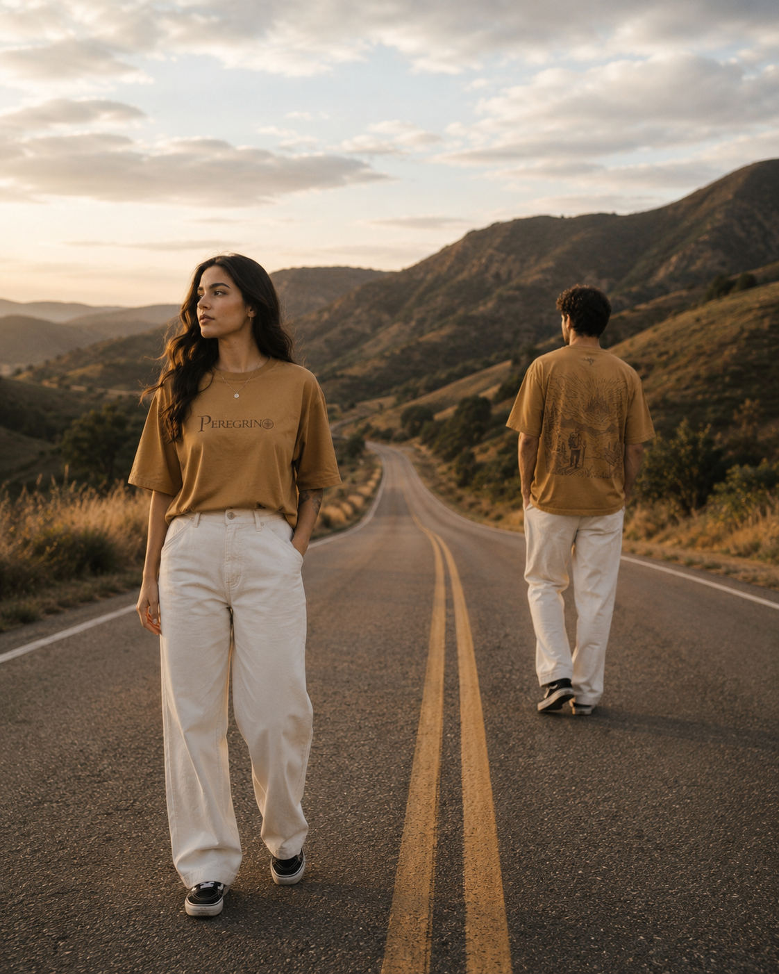Casal usando a Camiseta Peregrino em uma estrada ao entardecer